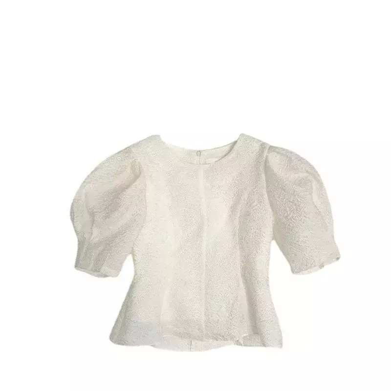 Женская блузка с коротким рукавом и пышными рукавами, однотонная приталенная универсальная блузка в Корейском стиле, весна 2023