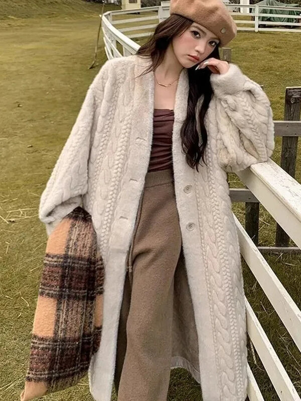 Thicken Faux Fur Coat Women 2023 Winter Long Sleeve Single Breasted Loose Female Midi Jacket Twists Knit Lady Fashion Outcoat