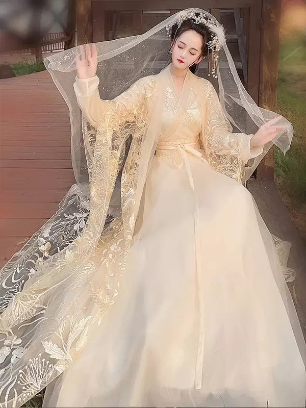 Hanfu Set gaun gaya Tiongkok, pakaian putri manis wanita, kostum panggung dansa peri bordir bunga elegan Vintage