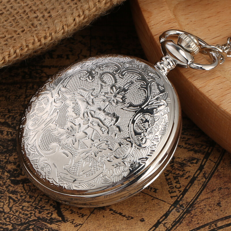 Silver Hollow Pocket Watch Men Wings Theme Pocket Watch Exquisite Arabic Numerals Dial Boy Necklace Pendant Clock Collection