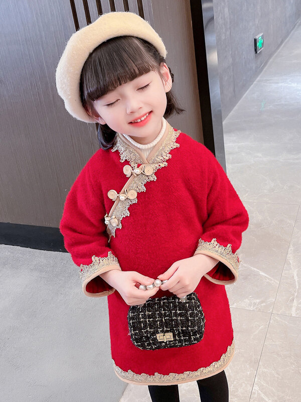Mädchen Cheong sam, Tang Dynastie, Winterkleid ung, Baby Neujahr Kinder Plüsch und verdicktes Kleid, rot warm Hanfu neues Modell
