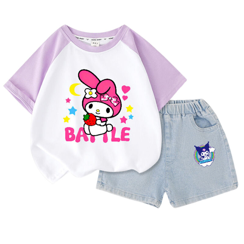 Sanrio-女の子のためのアニメプリントショーツのツーピースセット、子供のための半袖トップス、赤ちゃん、かわいい、カワイイ、タイドギフト、夏