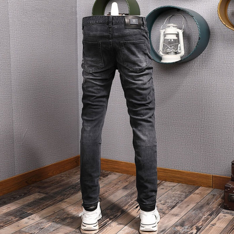 Główna ulica modne dżinsy męskie Retro czarny szary rozciągliwe dopasowanie pasuje porwane jeansy męskie spodnie Vintage designerski spodnie dżinsowe Hombre