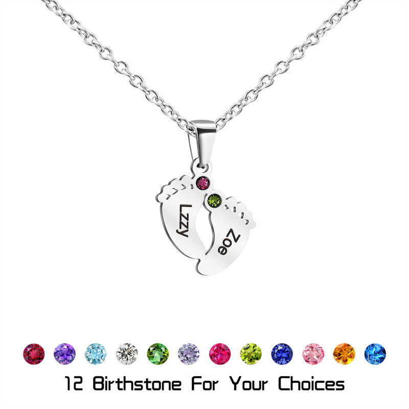 MYLONGINGCHARM-Collar personalizado con nombre de pies de bebé, con piedra de nacimiento, collar de madre, nombre personalizado, joyería, Regalo para mamá