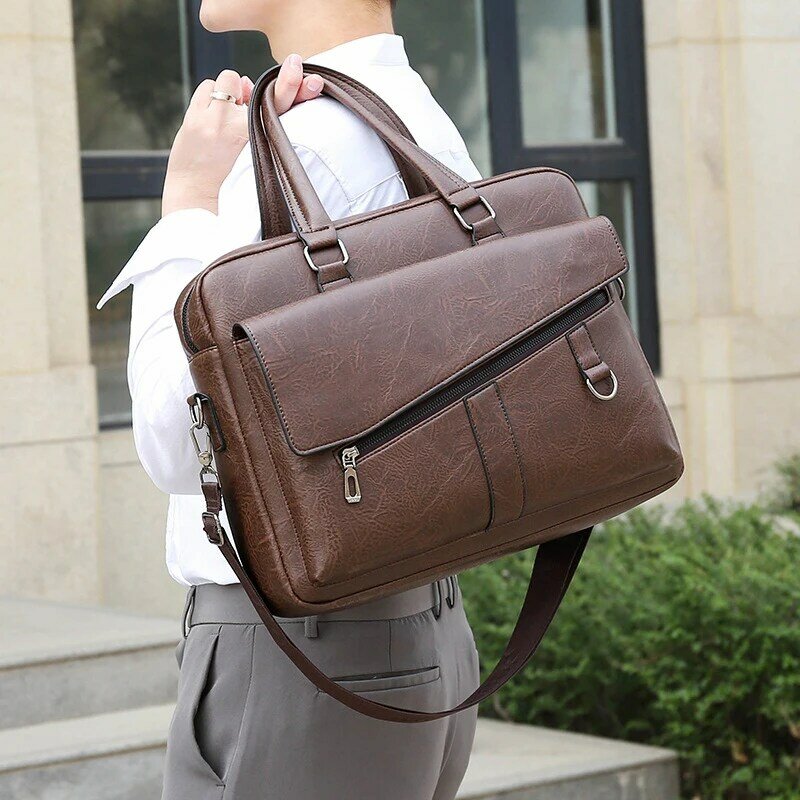 Tas koper besar untuk pria, tas kantor kulit PU tas tangan komputer Laptop dokumen bisnis tas selempang pria