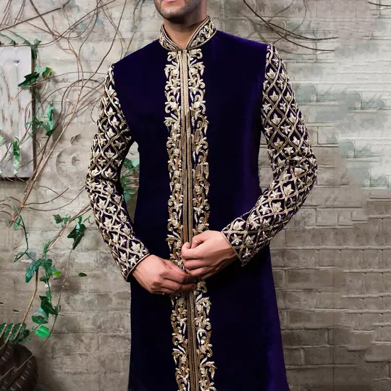 Impressão étnica gola gola jovens camisa média-longa, árabe muçulmano roupas masculinas, roupas de loja turca, moda casaco