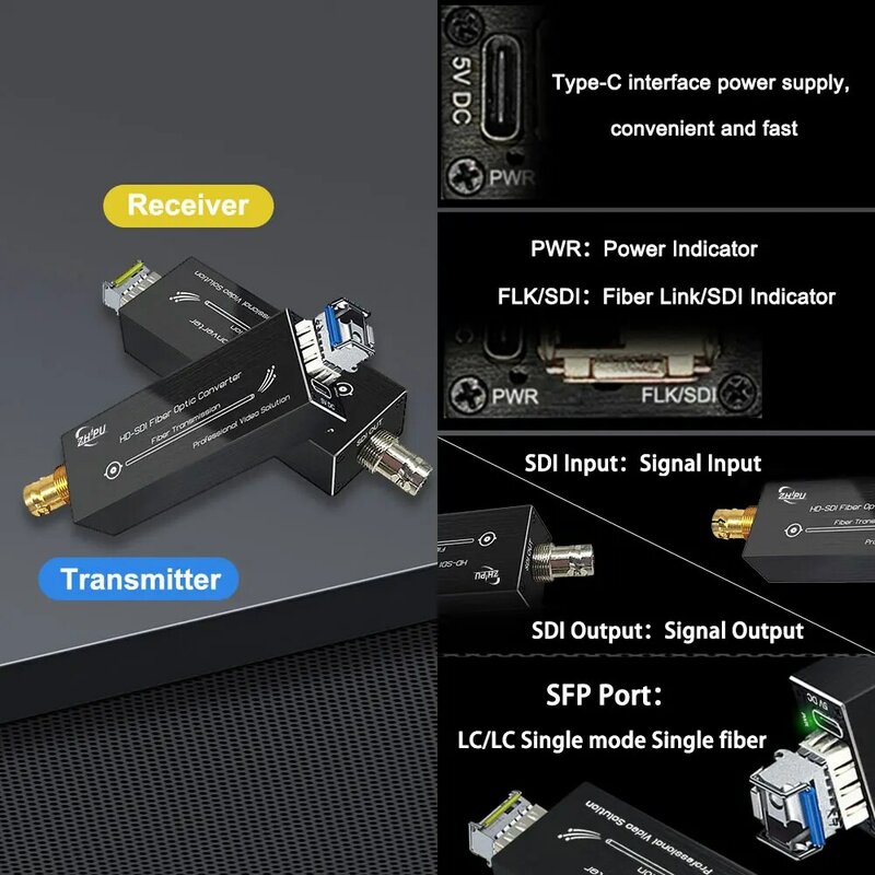 Mini Compact HD SDI Fiber Extender 1080P e 30HZ HD-SDI su fibra convertitore livello di trasmissione Single-Mode Single Fiber 20km
