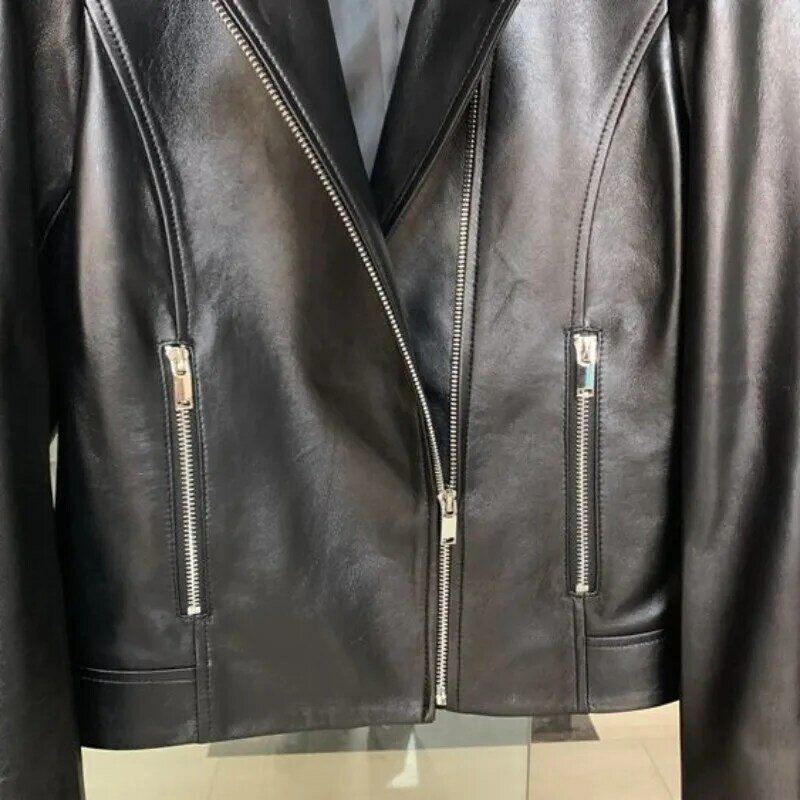 여성용 짧은 슬림핏 오토바이 재킷, 100% 양가죽 진짜 가죽 코트, 여성용 진짜 가죽 재킷, 2023 용수철 신상