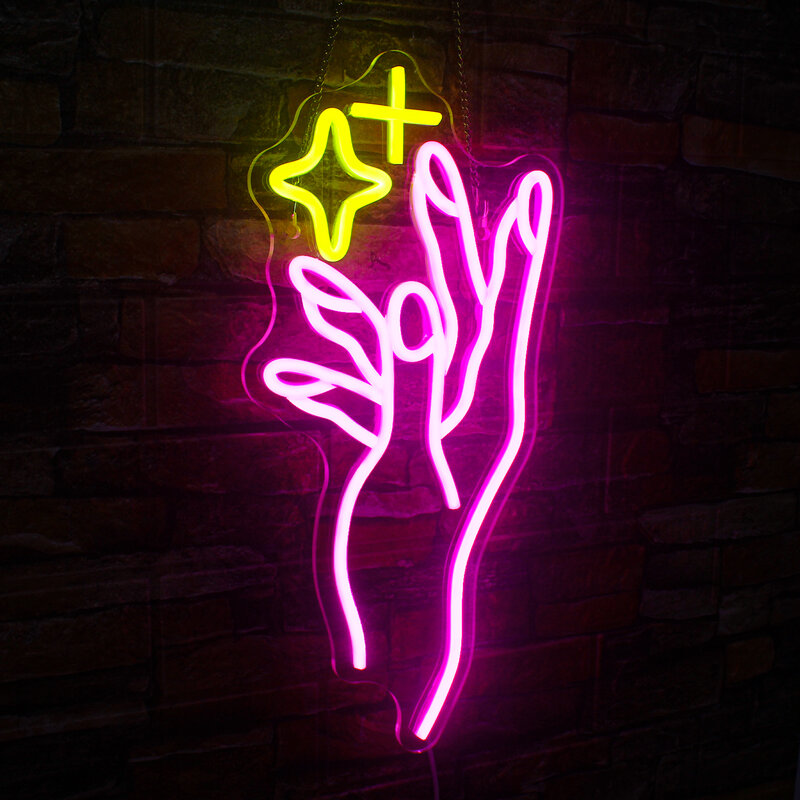 Mão estrela de néon sinal luzes LED, Cool Gesture Design, Decoração da parede do quarto, Meninas, Nail Salon, Beauty Room Decor, USB Art Lamp
