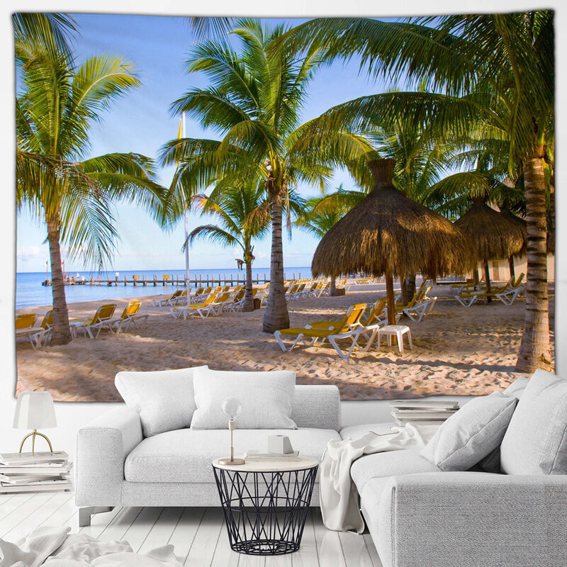 Tapiz de paisaje oceánico Hawaiano, Isla de cocoteros, vacaciones en la playa, paisaje natural, tapices, decoración para el hogar, sala de estar, colgante de pared