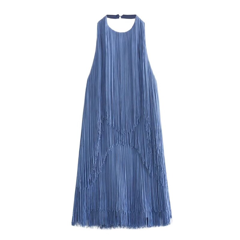 Suninbox Frauen Mode blaues Kleid mit Quasten verzierungen ärmellose rücken freie tägliche Mini kleider weibliche Kleider