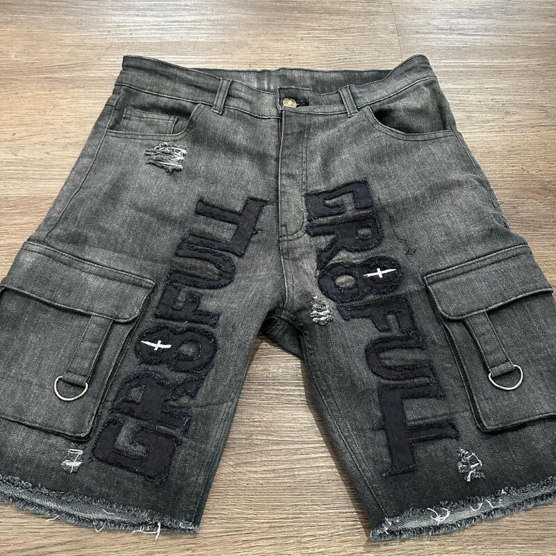 American Baggy Shorts Men Women Y2K Street Patchwork Letter Pattern Jorts Harajuku Punk Gothic Denim Blue Shorts Unisex Clothing
