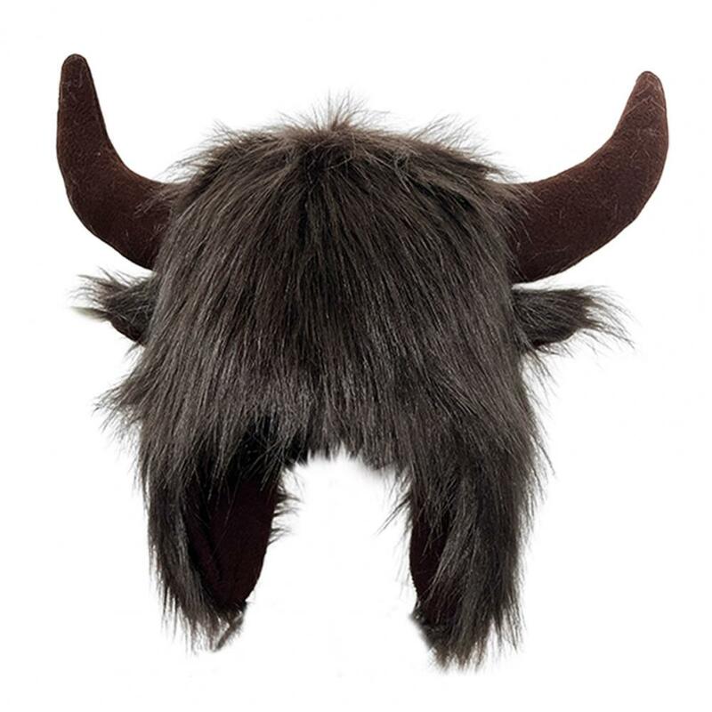 Thermal Cow Hat Fake Cow Horn Decor Funny Hat Faux Fur Thunderbolt Horn Hat Winter Funny Cap for Women Men Unisex Windproof