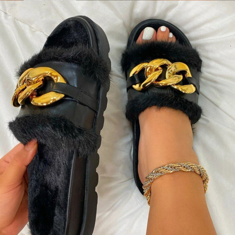 2024 zimowe klapki pluszowe modne z wystającym palcem w jednolitym kolorze damskie sandały metalowe łańcuszki na zewnątrz casualowe obuwie damskie modne buty