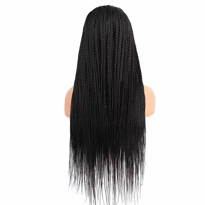 Wig kepang hitam renda depan 32 "untuk wanita Afrika Wig rambut kepang sintetis dengan Babyhair jalinan panjang serat tahan panas
