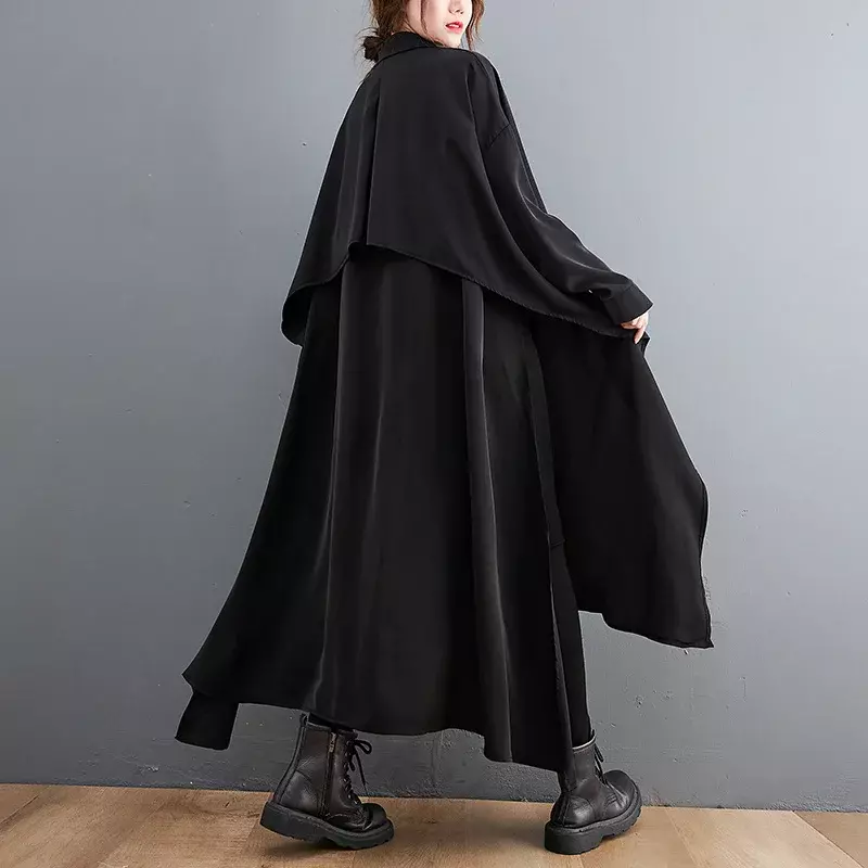 여성용 블랙 롱 원피스 폴로 넥 셔츠 드레스, 긴팔, 느슨한 비대칭 쉬폰 원피스 스플릿, 캐주얼 한국 스타일