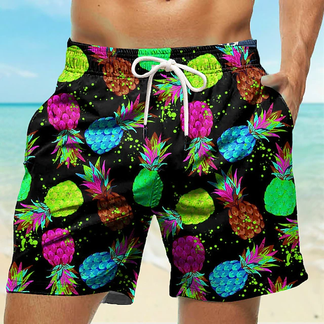 Pantalones cortos de tablero con estampado 3D de piña para hombre, bañadores de baño con cordón, secado rápido, pantalones cortos Hawaianos para vacaciones y playa, novedad de verano