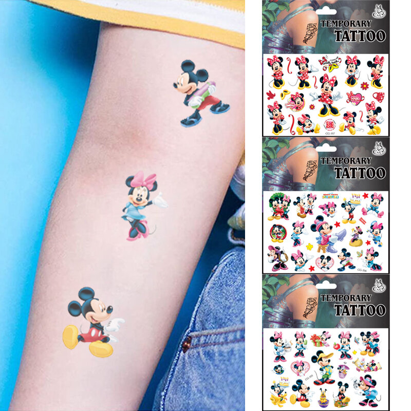 Tatuajes Temporales impermeables de Disney, pegatinas de Mickey y Minnie, 2 piezas al azar, arte de tatuaje, Cosplay corporal, joyería Facial, regalo