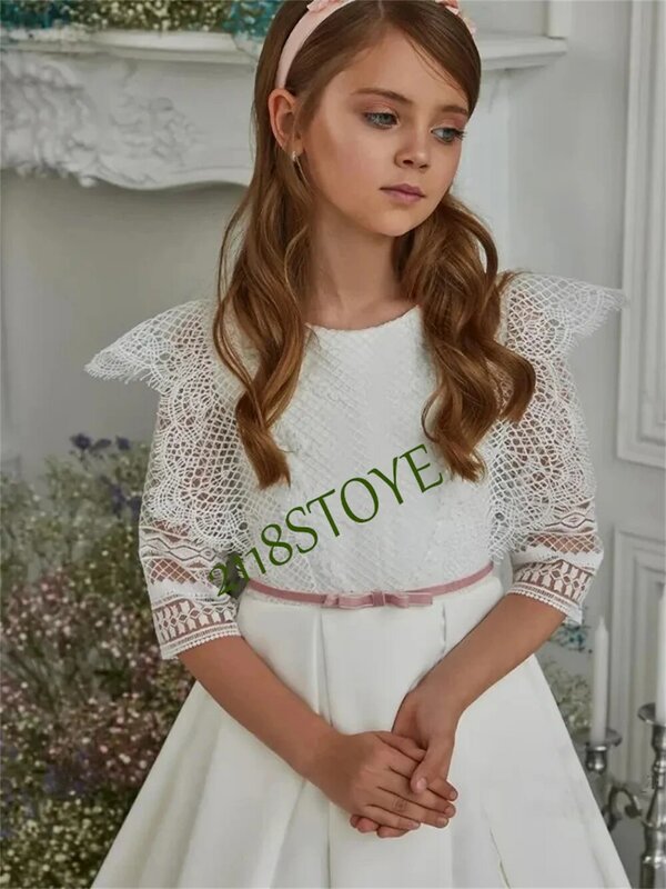 Weiße A-Linie Band halbe Ärmel solide O-Ausschnitt Mädchen Blumen mädchen Kleider Prinzen Ballkleid Erstkommunion Abschluss ball Mode