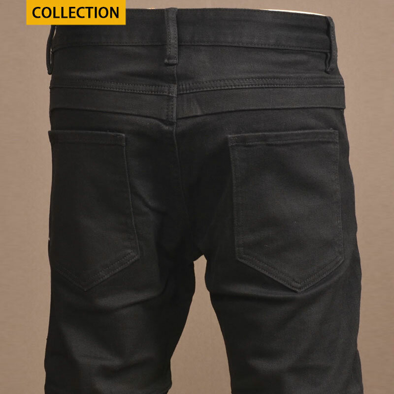 High Street Fashion Men Jeans Black Stretch Skinny Fit Biker Jeans Homme Spliced Designer Zipper Pocket Hip Hop Denim Pants Men