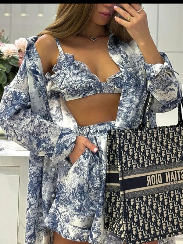 Tossy Retro Ink Shirt Three-piece Shorts Suit Women's Summer Casual Long Sleeve Button Print Fashion Shirt with Shorts Suit 2024