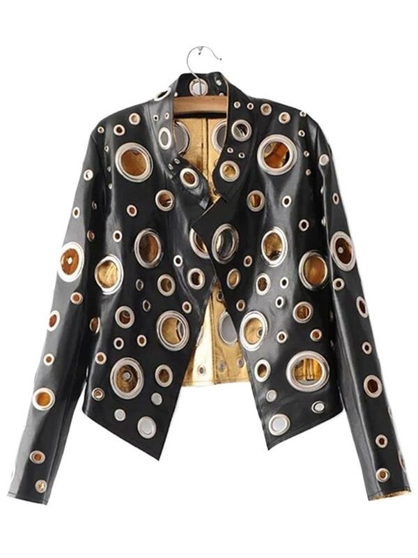 Lautaro Runway Cut Out giacca corta in ecopelle rivetto dorato Cool Stylish Designer Clothes Women European American Fashion 2024