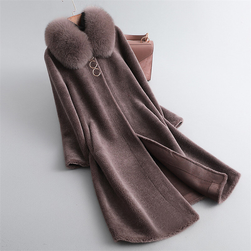 Aith-女性のための本物のウールの毛皮のコート,冬の毛皮のコート,暖かい女性,本物のキツネの襟,パカのトレンチコート,193