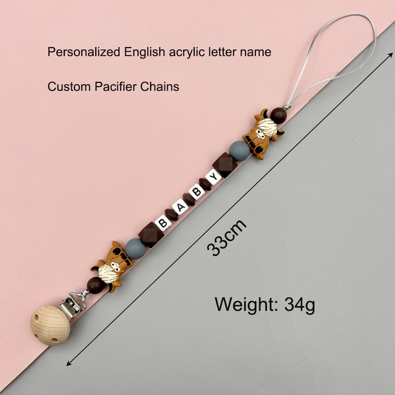 Personalisierte Englisch Brief Name Silikon Kuh Schnuller Clips Ketten Beißring Anhänger für Baby Schnuller Halter Kawaii Beißring Spielzeug