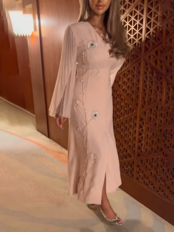 Jirocum V-Ausschnitt Blume Perle Abendkleid Frauen plissiert elegant Abschluss ball Party kleid Flare Ärmel vorne geteilt formelle Anlass Kleider