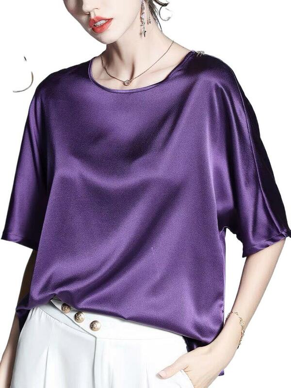 Французская элегантная винтажная блузка, Женская атласная рубашка с полурукавом, из ледяного шелка, весна 2024