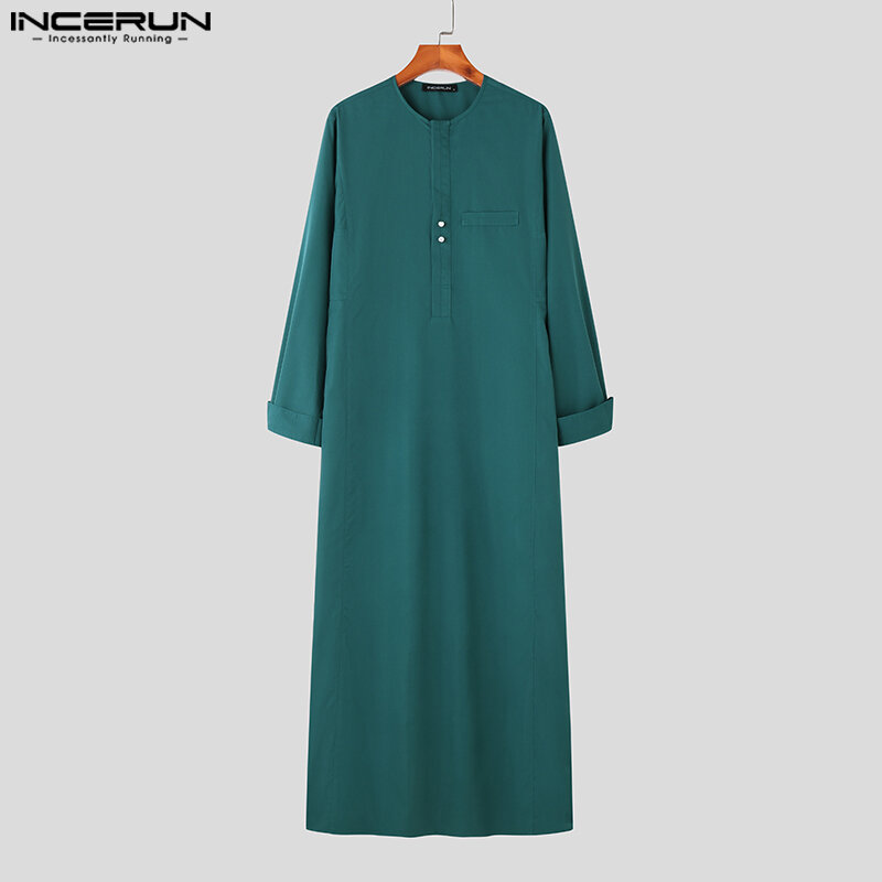 Men Muslim Kaftan Solid O-neck Long Sleeve Streetwear Islamic Arabic Jubba Thobe 2023 Loose Vintage Male Caftan INCERUN S-5XL