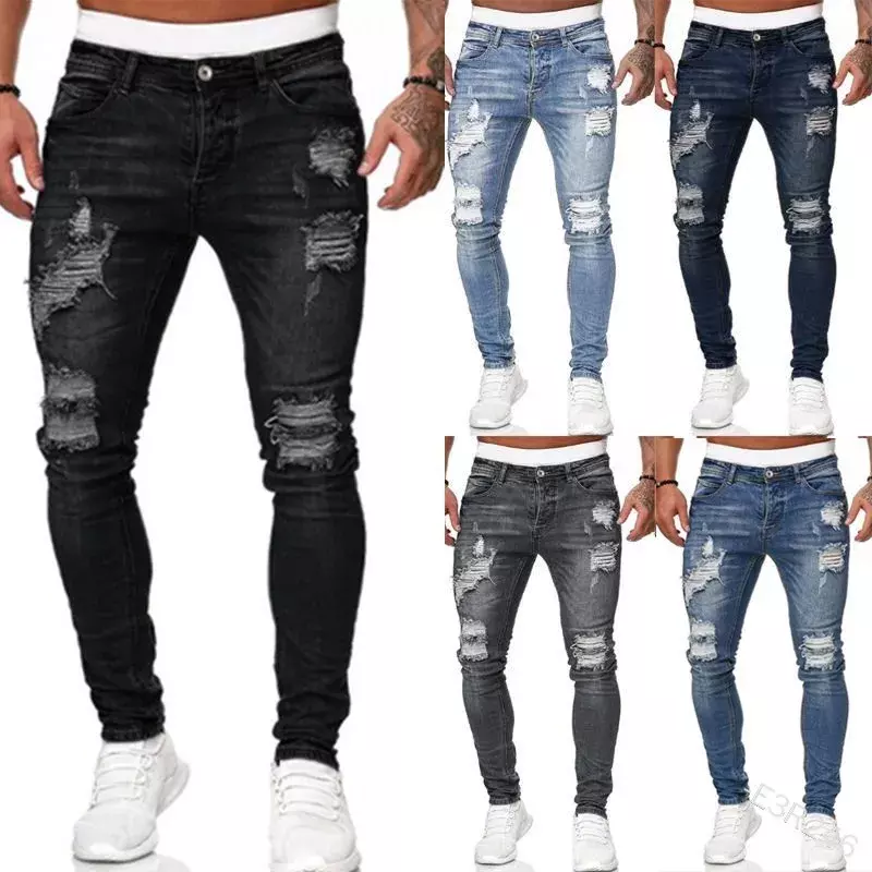 Moda uliczna w stylu rozerwanym obcisłe dżinsy rurki mężczyzn w stylu Vintage z jednolitego denimu spodnie męskie Casual Slim fit ołówkowe spodnie jeansowe gorąca wyprzedaż