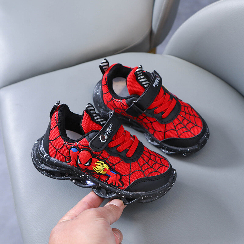 Disney LED Casual Sneakers Red Black For Spring Boys Mesh Outdoor Shoes Children Lighted Non-slip Shoes Size 21-30