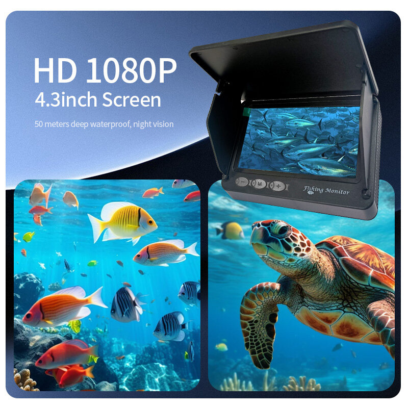 Localizador portátil da profundidade dos peixes com visão noturna, LCD subaquático, câmera portátil da pesca, 220 °, 1080p, 4,3"