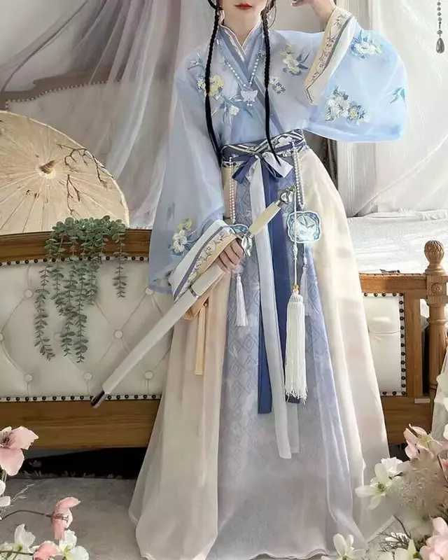 فستان هانفو للنساء ، زي تنكري صيني تقليدي ، فستان رقص ، زي هالوين كوس ، عروض مدرسية ، أزرق