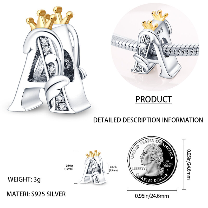 Breloques couronne de l'alphabet en argent Sterling 100% 925, 26 lettres, adaptées aux Bracelets originaux Pandora 925, cadeau d'anniversaire fin