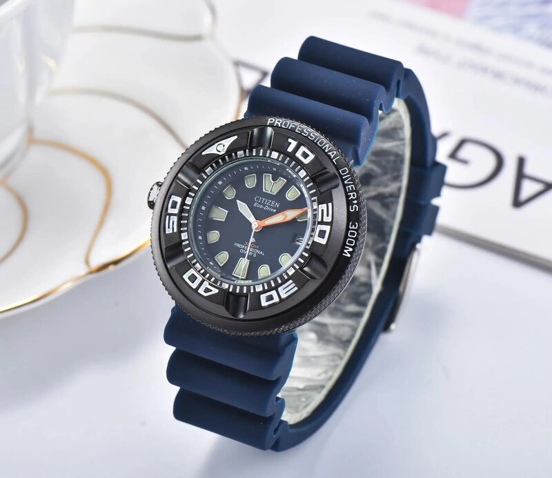 실리콘 야간 조명 남성용 스포츠 다이빙 시계, BN0150 에코 구동 시리즈, 블랙 다이얼 쿼츠 시계
