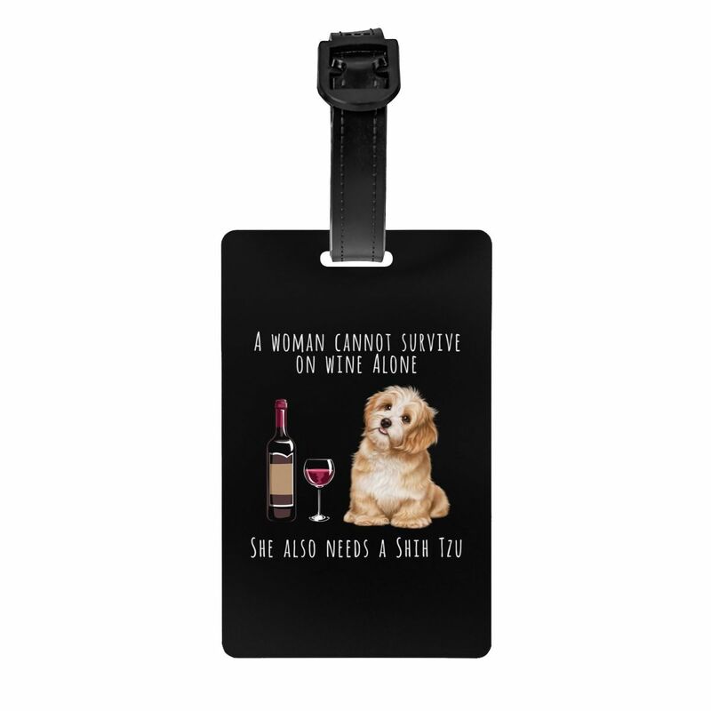 이름 카드가 있는 맞춤형 Shih Tzu and Wine 재미있는 강아지 수하물 태그, 애완 동물 애호가 개인 정보 보호 커버, 여행 가방 가방 ID 라벨