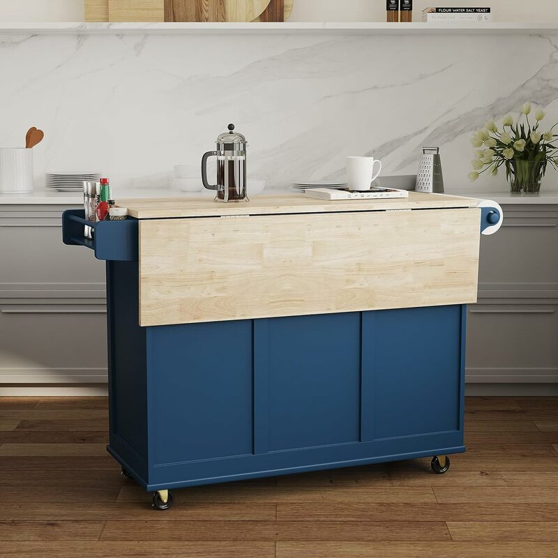 Nuovo carrello per isola da cucina Mobile Homestyles con piano in legno e barra per la colazione dropeaf, blu |