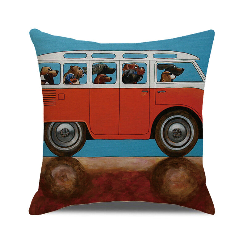 Cartoon Animal Printed Cushion Cover 45x45cm Square Linen Pillow Cover Funny Dog and Car Bus Pillow Case Sofa Decor Pillowcases
