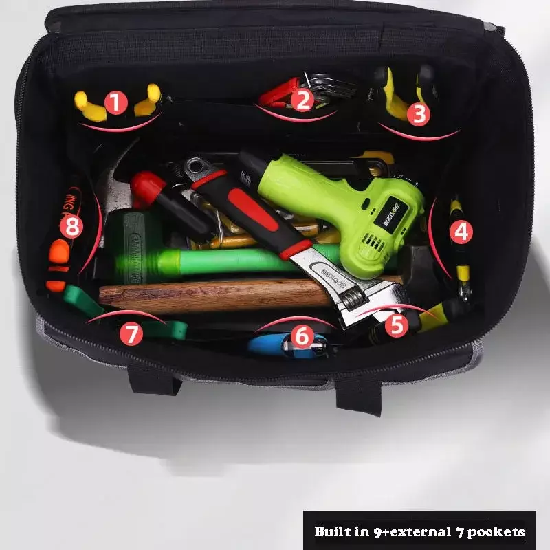 플라스틱 바닥 두꺼운 도구 가방, 다기능 내마모성 방수 트롤리 가방, 멀티 포켓 대용량 도구 키트
