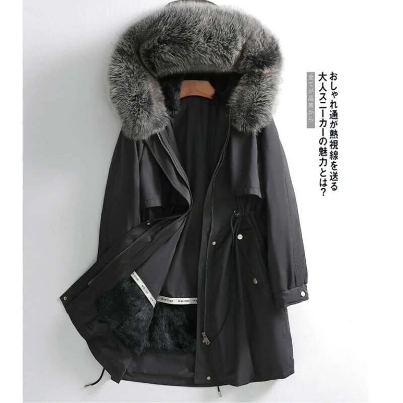 AYUNSUE Real Fur Coat Women Clothing Fox Fur Collar Fur Jacket Winter Mid-length Parkas Rabbit Fur Lining Hooded Fur Jacket Zm
