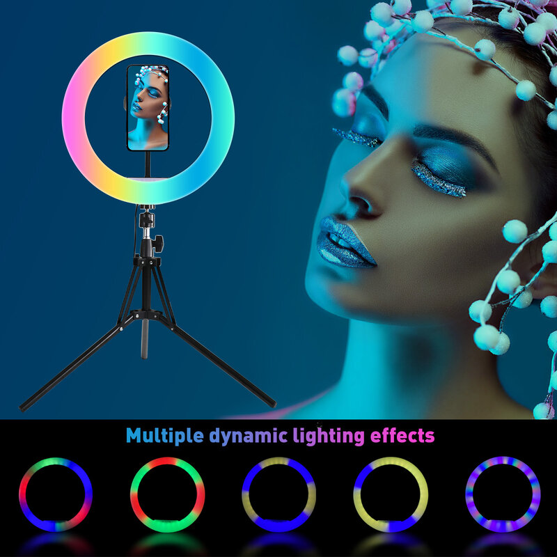 Anillo de luz de relleno RGB, lámpara fotográfica LED, cámara, teléfono, Youtube, maquillaje, Lámpara de tres enchufes, interfaz USB, luz en vivo