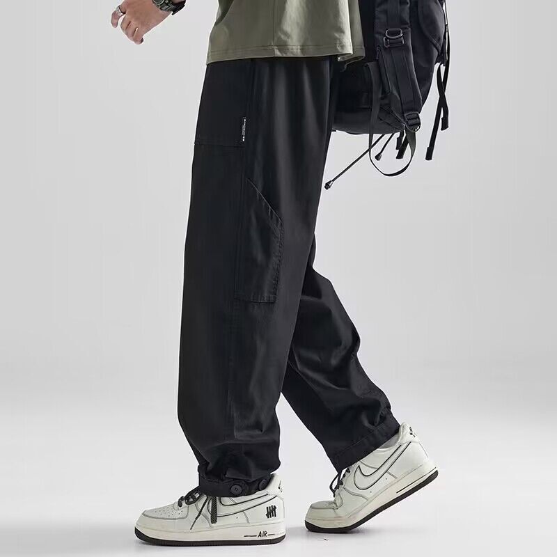 Брюки-карго мужские однотонные, личные штаны с карманами, свободные прямые повседневные уличные брюки с поясом-цилиндром