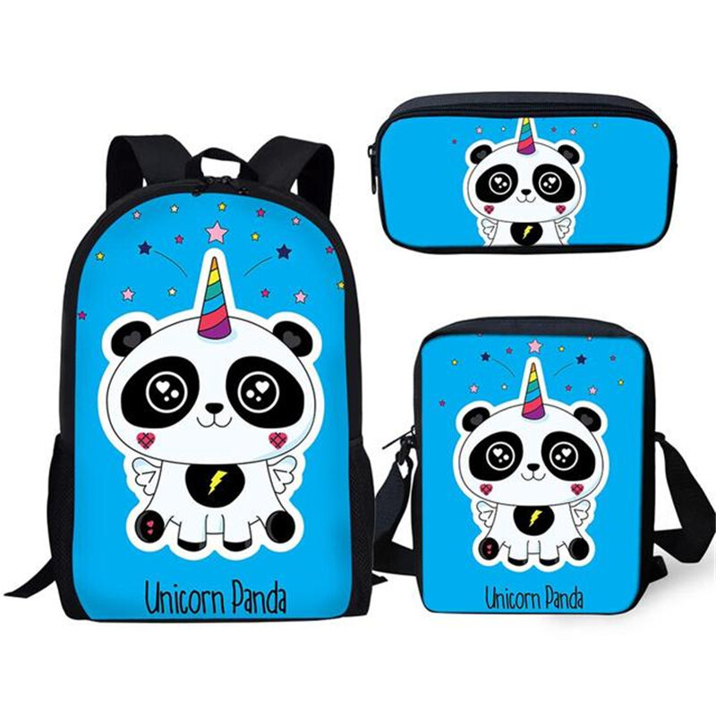 Cartoon Unicorn e Panda Print School Bag Set, Mochila Casual Estudante, Campus Book Bag, Mochila Laptop, Lunch Bag, Pencil Bag, 3Pcs