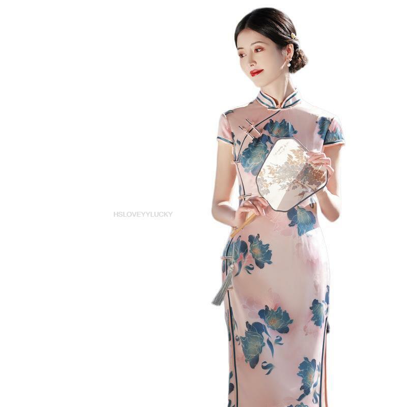 Średniej długości nowoczesny ulepszona Qipao chiński styl codzienny Retro modyfikowany jedwab Qipao matka letnie sukienki kobiety suknia ślubna