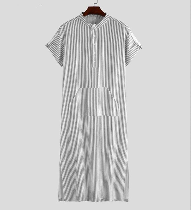 2024 무슬림 터키 남성 드레스, 긴팔 줄무늬 셔츠, 카프탄 무슬림 긴 가운, 남성용 토브 로브