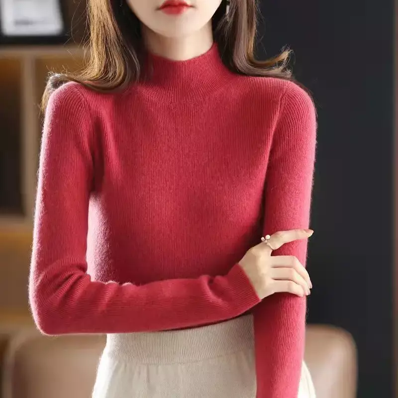 Half High Neck Sweater Women Autumn Winter 2023 New Knit Shirt Slim Fit Long Sleeved Top Versatile Western-style Bottom Shirt
