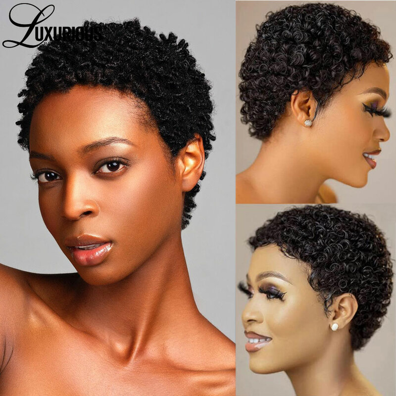 Bezklejowe wstępnie oskubane krótkie fryzura Pixie peruki dla czarnych kobiet Afro perwersyjne kręcone peruki brazylijskie dziewicze peruki z ludzkimi włosami Remy