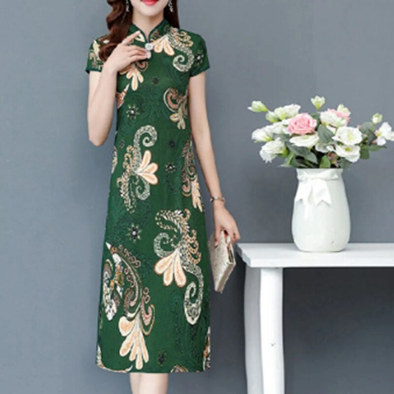 Weibliches Mädchen waman cheong sam langes Kleid täglich ausgehen chinesische qipao chinesische Art Blume gedruckt M-5XL hübsch